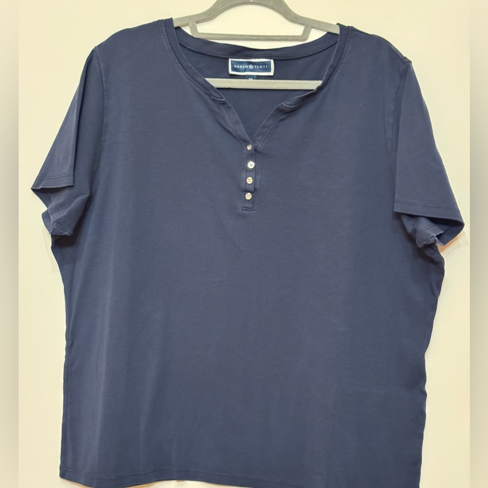 Woven’s Karen Scott Navy Blue Kint Short Sleeve Henley Top Plus Size 2 XL